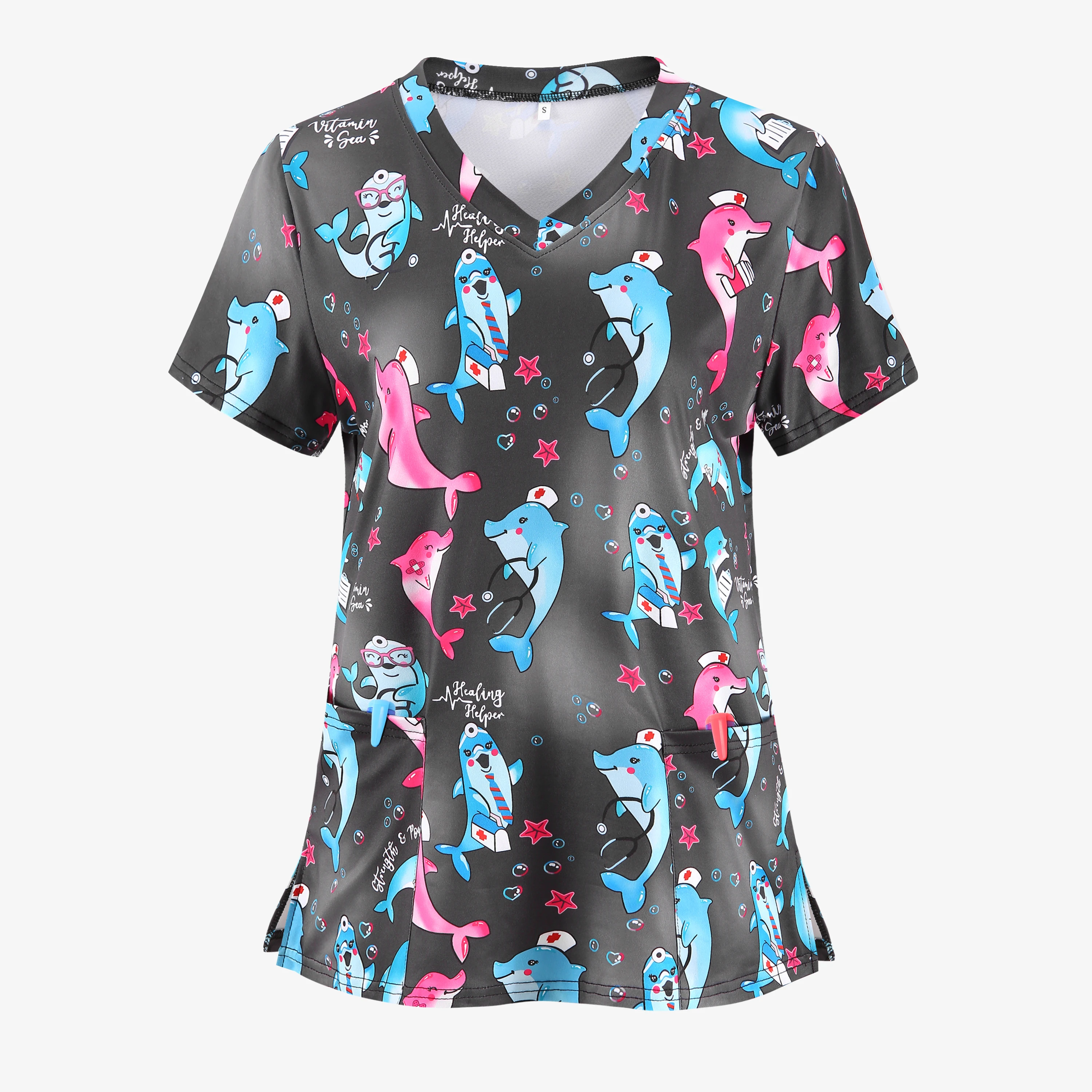 

XUANSHOW Women Nurse Style Scrub Top Cute Dolphins Print Short Sleeve Uniform V Neck Summer Casual Tees