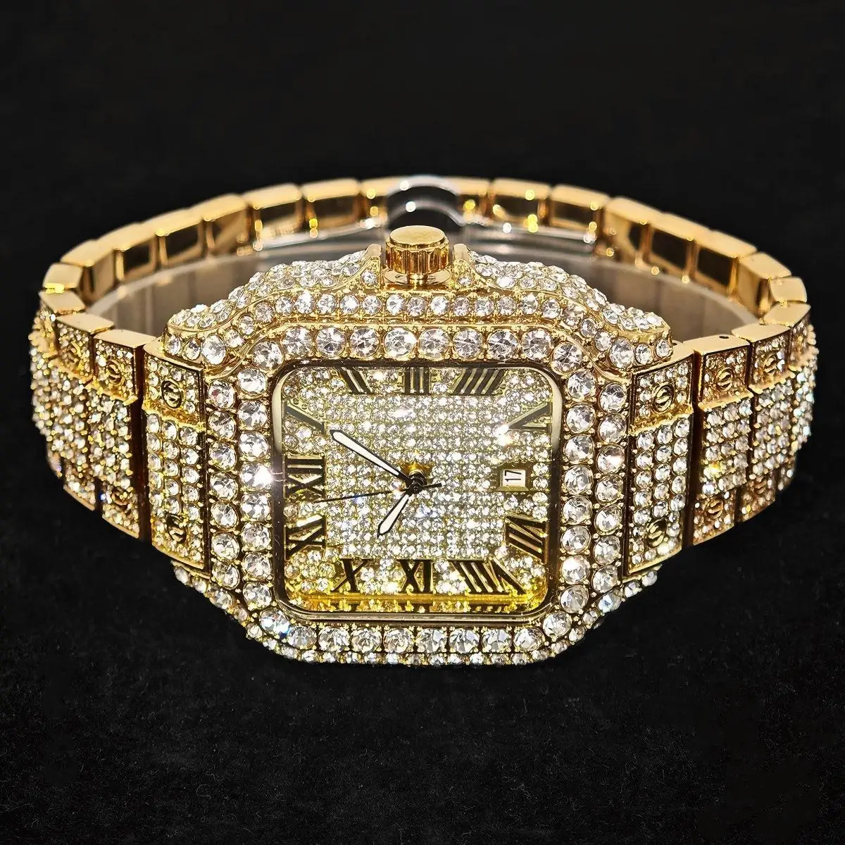 

UNIGUET Роскошные золотые часы для мужчин, модные квадратные кварцевые часы в стиле хип-хоп, ювелирные изделия с бриллиантами AAA, наручные часы, мужской подарок, горячая распродажа