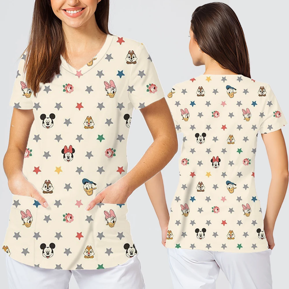 New Nursing Uniforms Tops Summer 2025 Trend Disney T-shirts for Women V-neck Clothes Women High Quality Short Sleeve Tops