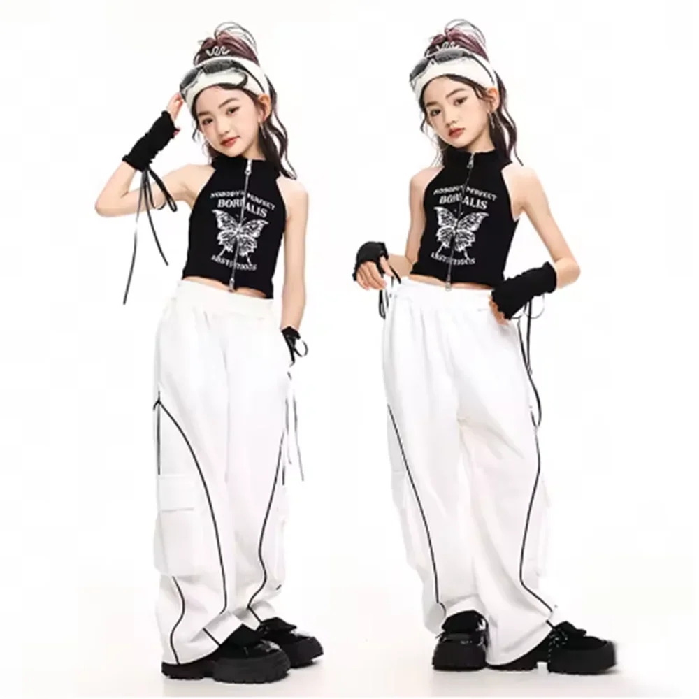 

Костюм для джазовых танцев 2025: Черный укороченный топ и белые брюки-шаровары для девочек, модный наряд в стиле K-pop для выступлений, детский комплект для уличных танцев