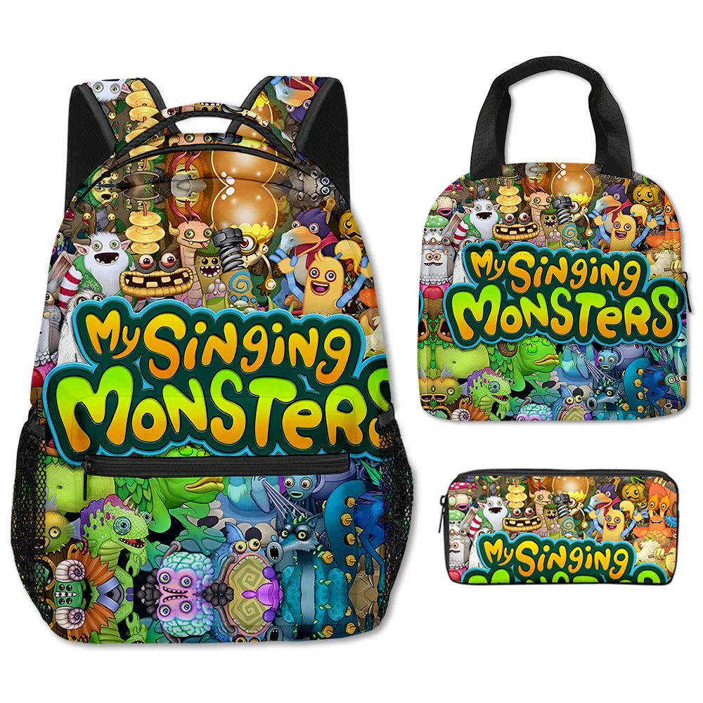 Trendy Youthful Novelty my singing monsters 3D Print 3pcs/Set School Bags Laptop Daypack Backpack portable Lunch bag Pencil Case