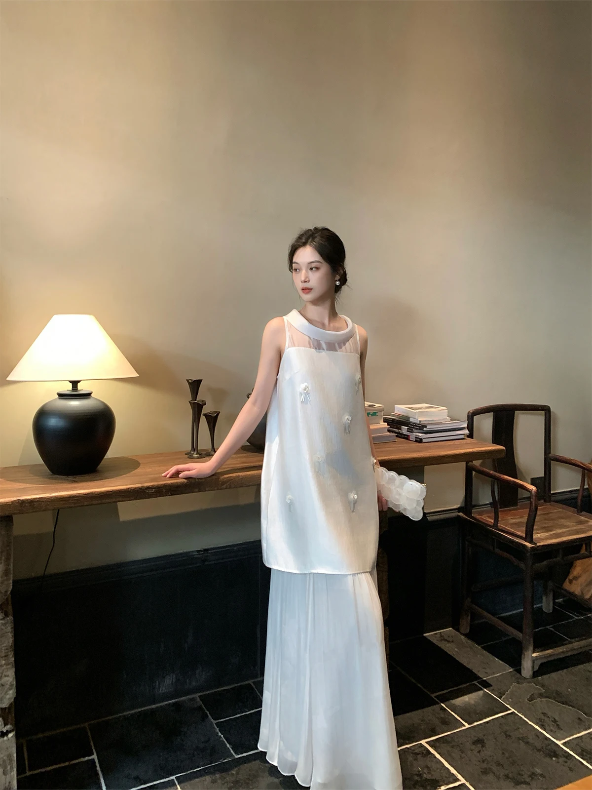 

Ele White Svel Long Dr Women's Soft Floral Decoration Pleated Skirt Sle Casual Chinese Faion Polyester Fabric