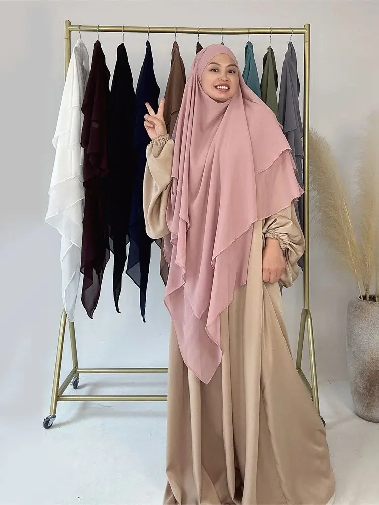 Ramadan Three Layers Chifffon Niqab Khimar Abaya Damen Islam Muslim Modal Hijab Abayas For Women Kebaya Hijabs Femme Musulmane