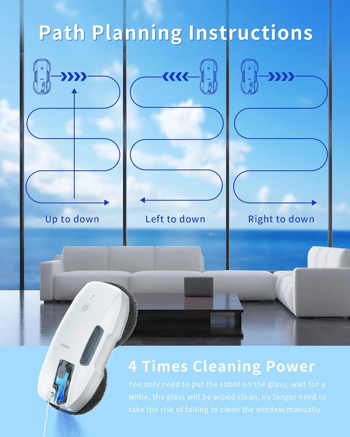 FMART T9 Pro Window Cleaning Robot, Ultrasonic Atomization Intelligent Water Spray, 3800PA Suction Power, AI intelligent Path