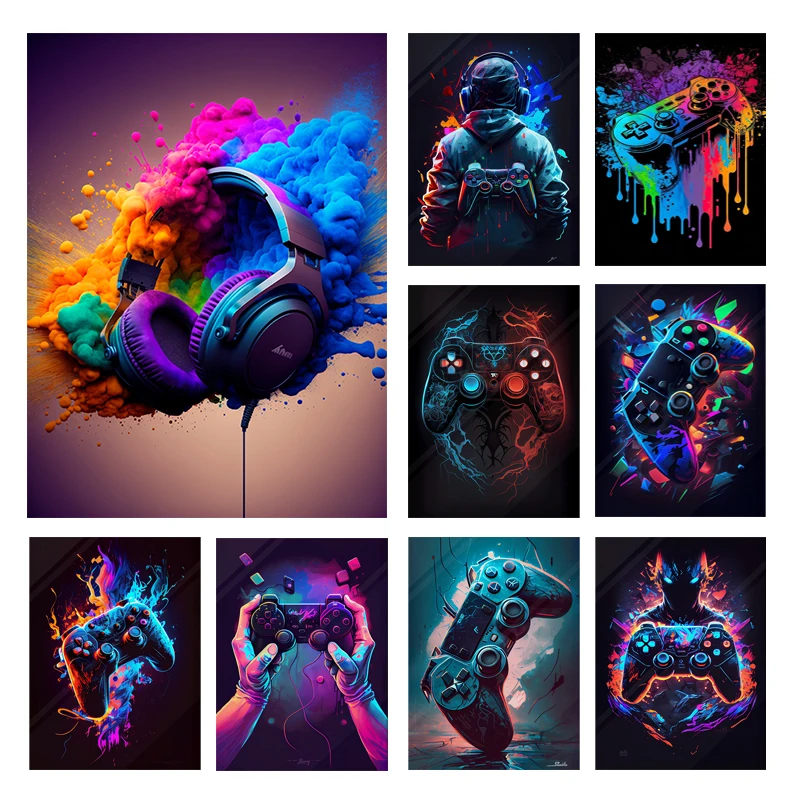 New  Cool Gaming Neon Game Wall Art Poster Game Controller Art Painting Canvas Prints Pictures for Kids Boys Room Decor Playroom