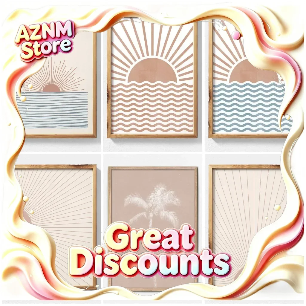 Decoración Boho, Arte Mural Imprimible con Diseño de Rayos de Sol, Póster Abstracto de Palmera de Mediados de Siglo, Pintura en Lienzo con Horizonte de Amanecer Geométrico