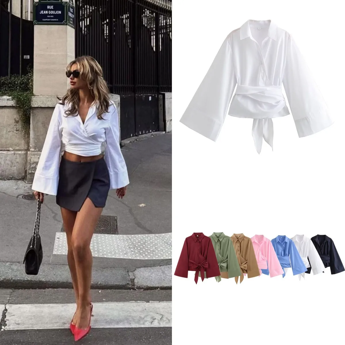 

ETJ 2025 women's new fashion double lapel wide sleeve solid color poplin shirt basic blouse multi-color options