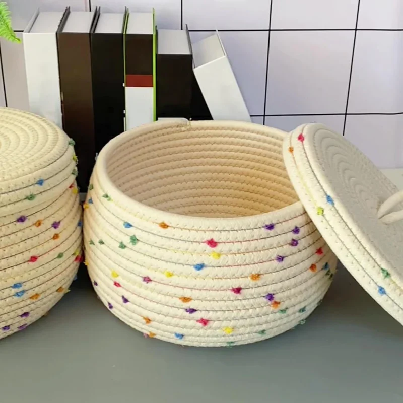 

Large Capacity Cotton Rope Desktop Storage Basket with Lid, Waterproof Sundries Box, Portable Cosmetics Storage Box