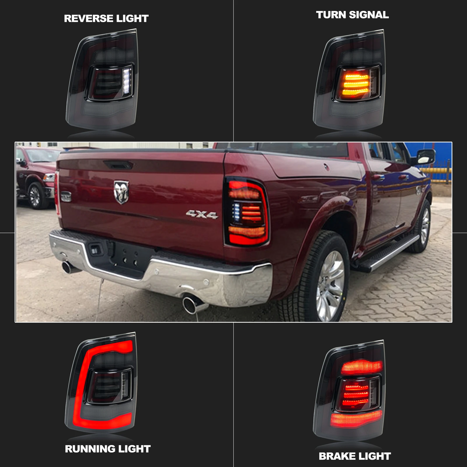 LED Tail Lights Assembly for Dodge Ram 1500 2500 3500 2009-2018 Sequential Yellow Blinker Dynamic Animation Black Rear Lamps