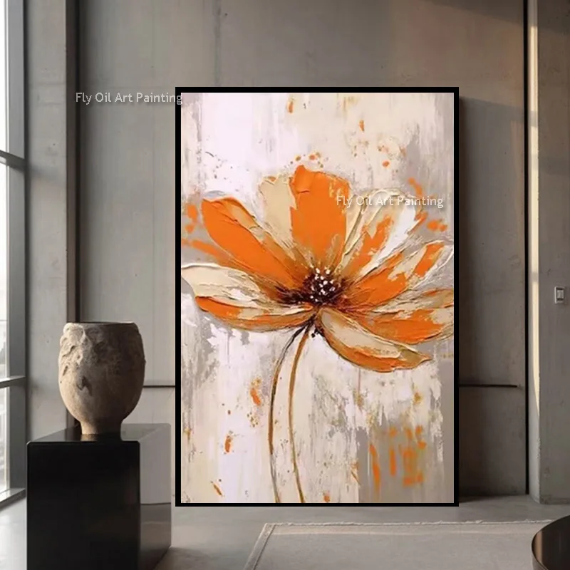 Large Abstract Orange Beige Flowers Canvas Home Wall Decor Items New Original Design Pink Grey Florals Oil Painting Simple Art
