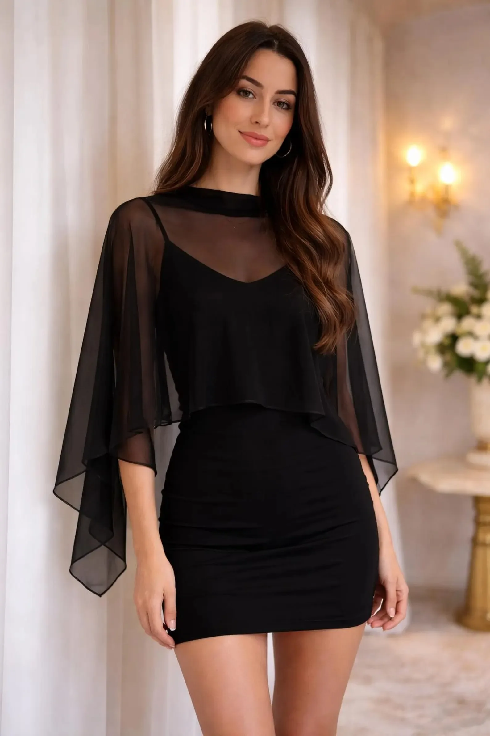 

Fairy Sheer Mesh Cape Spaghetti Strap Mini Dress Set, Soft Girl Date Night Cocktail Gown, Top Seller