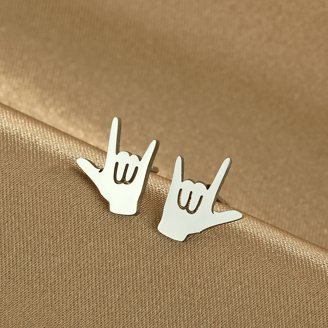 CHENGXUN Sign Language ASL I Love You Rock On Hand Stud Earrings Rock n Roll Studs Stainless Steel Earrings Music Lover Gift