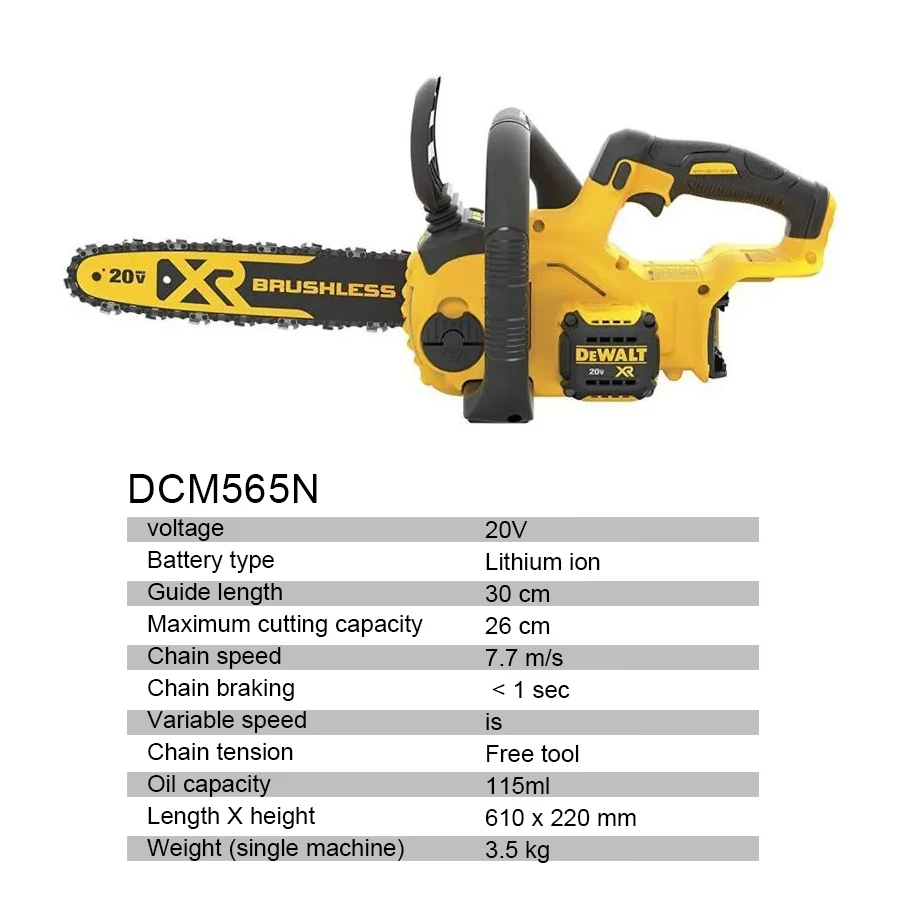 DEWALT 20V Li-ion Cordless Brushless 30cm Compact Chainsaw Bare Unit Woodworking Cutting Saw DCM565N