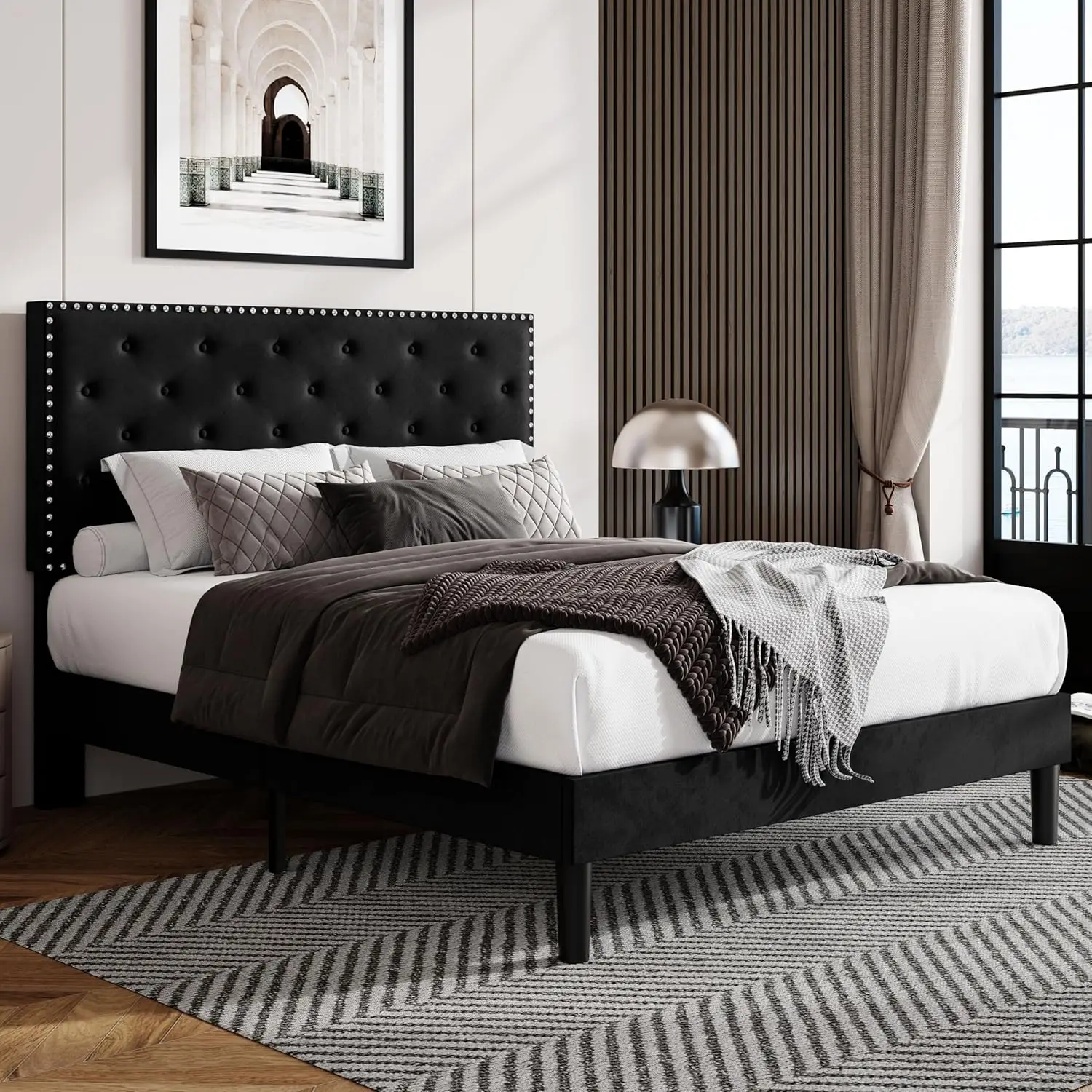 Full Size Bed Frame, Velvet Upholstered Platform Bed with Adjustable Diamond Button Tufted & Nailhead Trim Headboard,Black