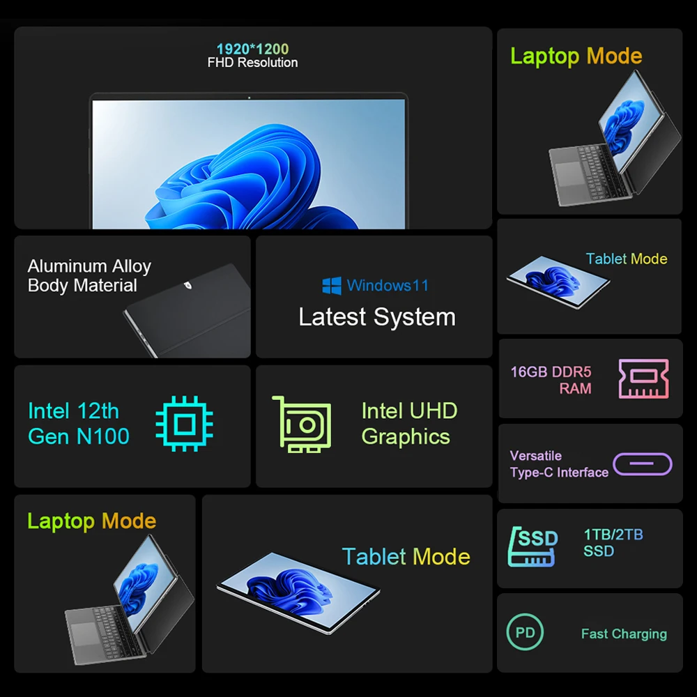 Crelander tableta de 14 pulgadas en una pantalla táctil computadora portátil Intel n100 mini computadora Windows 11 computadora portátil con teclado magnético RGB