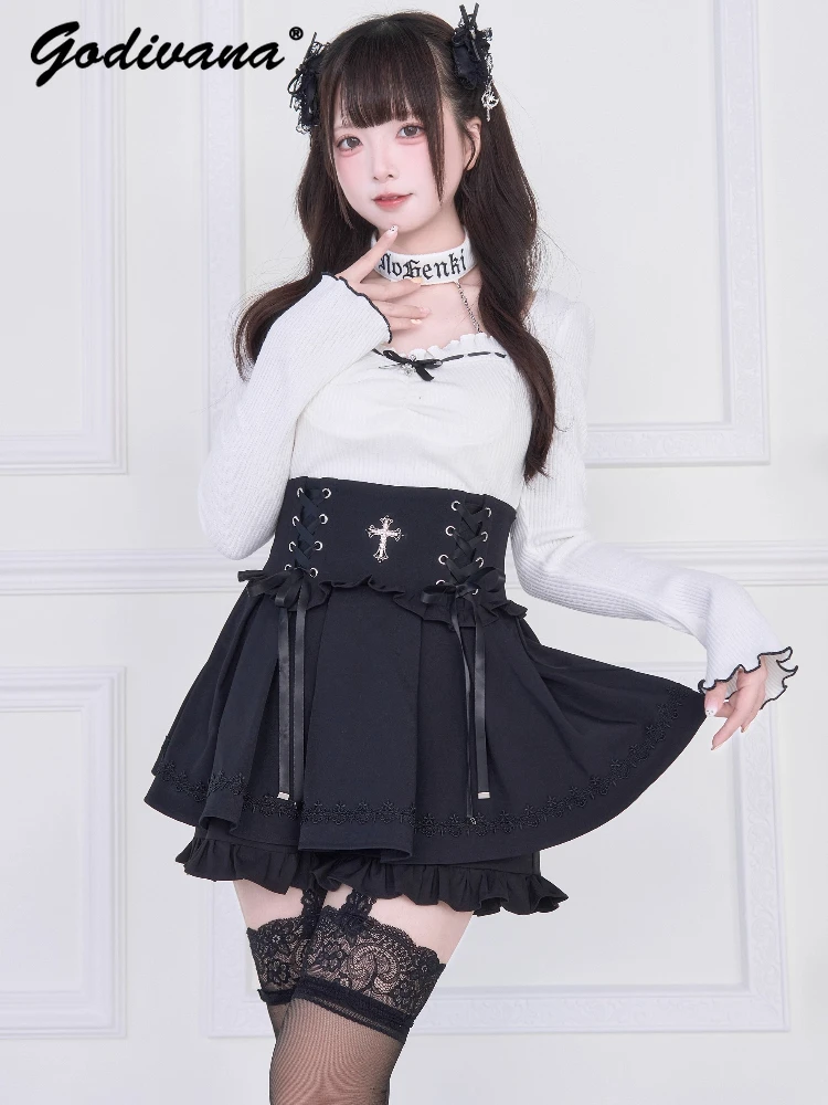 

Оригинальная новая осенняя субкультура, женская трикотажная рубашка с длинными рукавами и лямкой на шее, топы с высокой талией, тонкая черная юбка, комплекты юбок для девочек