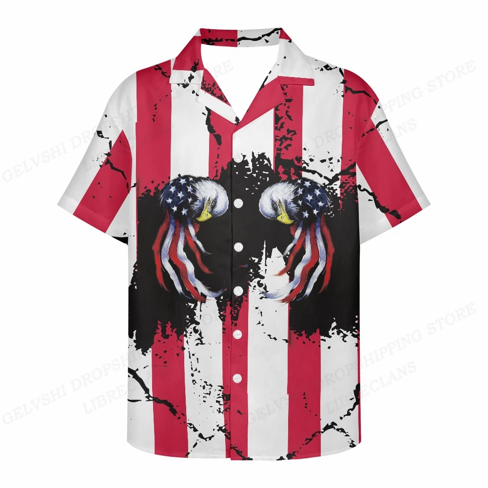 American Flag Printed Men's Shirts Fashion Hawaiian Cuban Neck Shirt Leisure Beach Eagle Shirt Retro Lapel Collar Men's Clothing