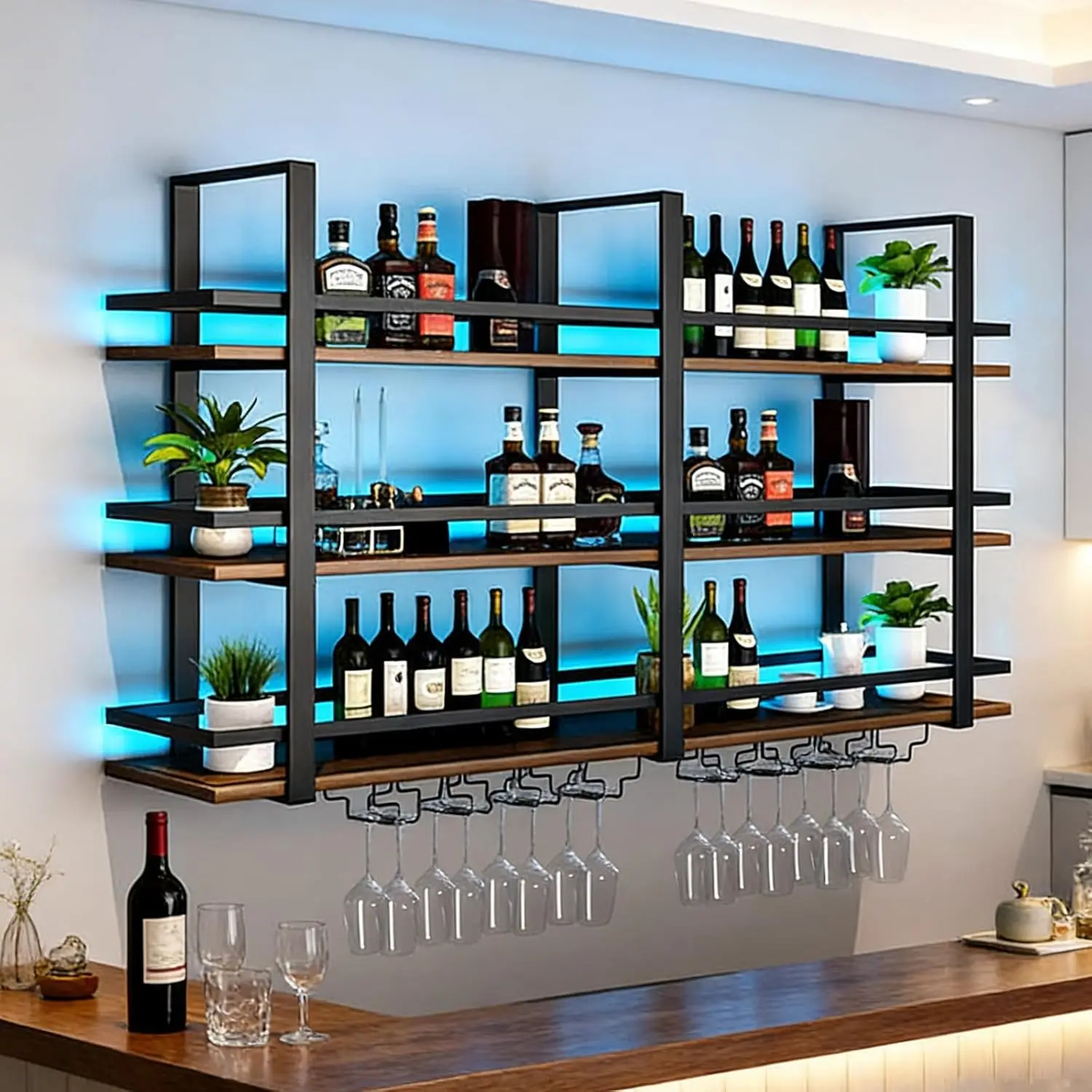 

Wall Mounted Wine Rack with LED Light, 39.4in Large Wine Bottles Display Shelf with Glasses Holder, 3 Tier Metal Bar Shelves, In