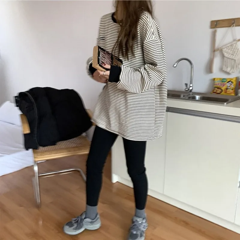 Koreanischen Stil Frauen 2025, Herbst Neue Gestreiften T-Shirt Rundhals Langarm Hoodie Casual Basis Schicht Top