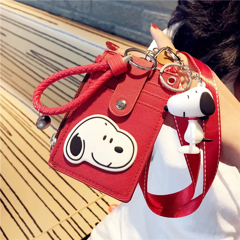 Snoopy Portable Card Holder Keychain Doll Women ID Card Name Card Case PU Leather Men Key Ring Anime Girl Wallet Lanyard Cover