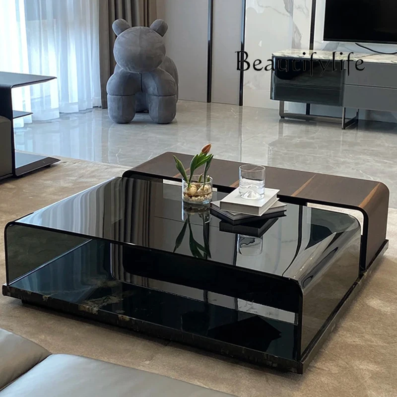 

Marble coffee table Italian minimalist villa large flat square glass solid wood advanced large tea table