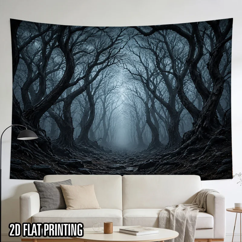 Spooky Dark Wood Tapestry, Twisted Bare Tree Foggy Path Mysterious Forest Wall Hanging for Bedroom Dorm Living Room Decor
