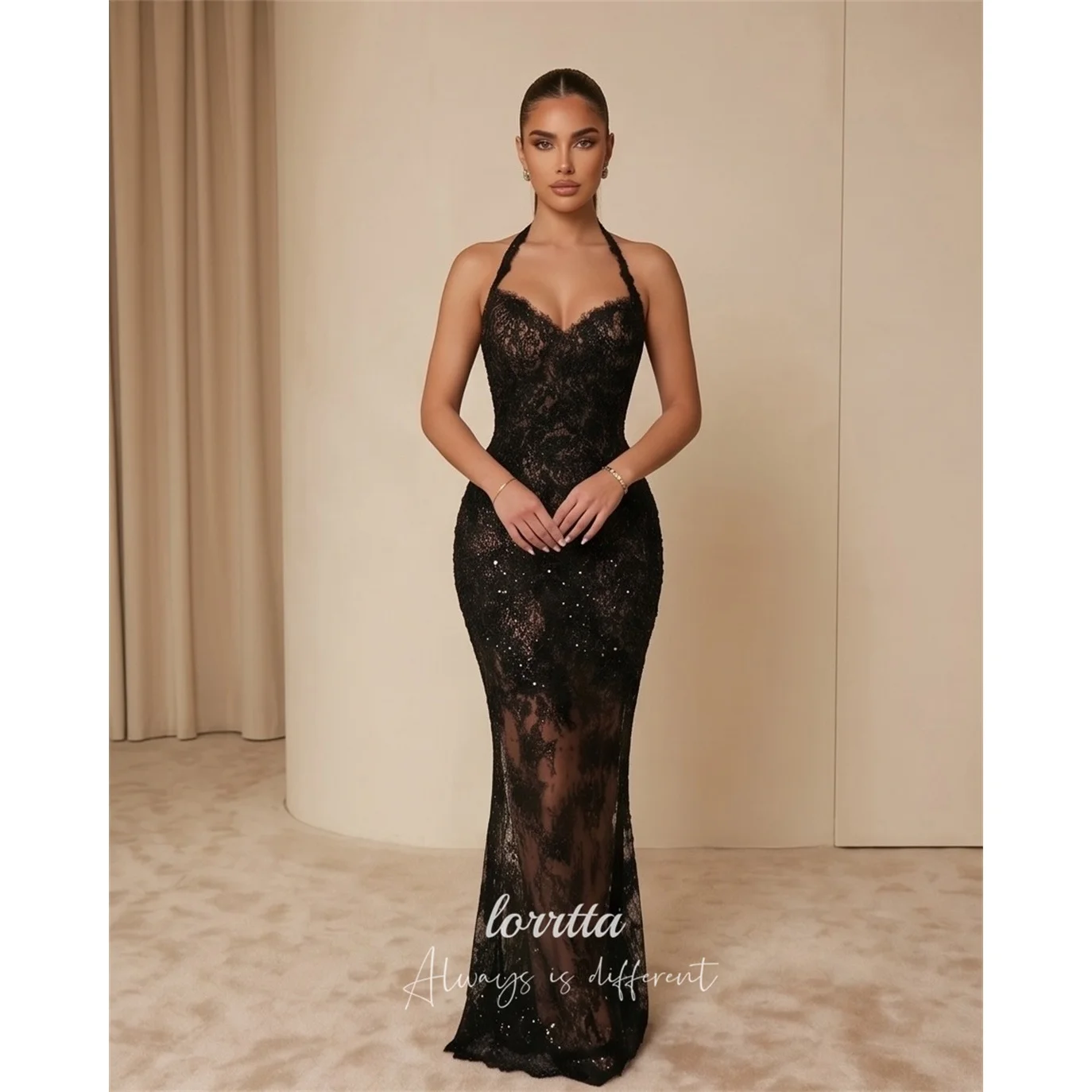 Lorrtta Lace Halter Black Mermaid Evening Dress 2026 Prom Dress Sequined Elegant Luxury Formal Customized платье вечернее