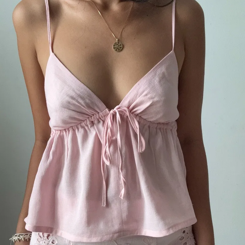 

2025 Summer New Sweet Spicy Dopamine V Neck Tie Backless Slim Sling Vest Women