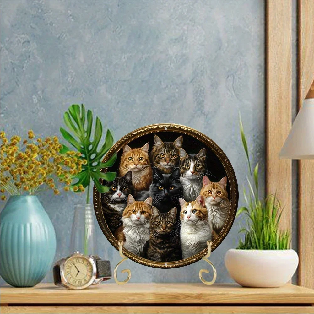 Whimsical Feline Themed Wreath Decor, Round Aluminum Metal Art Deco Masterpiece for Home, Cafe, Living Room Decoration