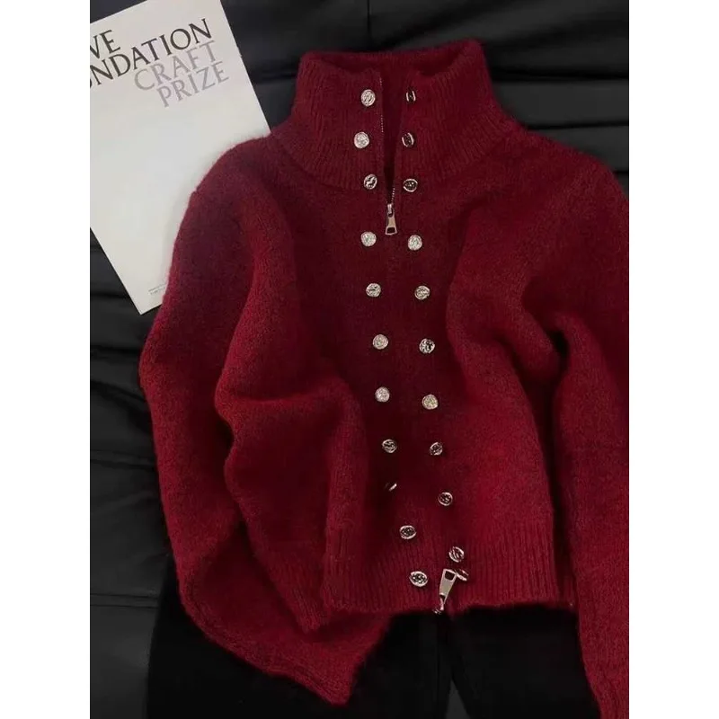 

Upper Garment Overcoat Sweater Woman Autumn Winter Zipper Double-breasted Stand-up Collar Knitting New Comfortable Brief Leisure