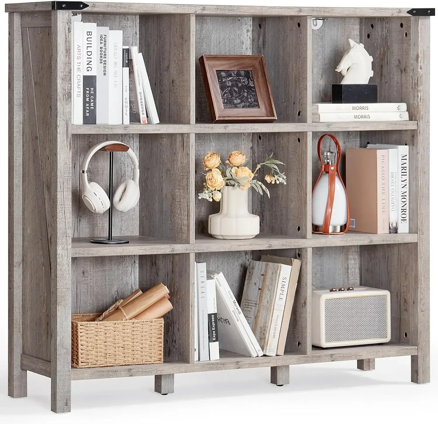 [XMSJ]9 Cube Bookcase, Farmhouse 47 Inch Wide Grey Oak Bookshelf, Wooden 3 Tier Display Large Open Book Shelf