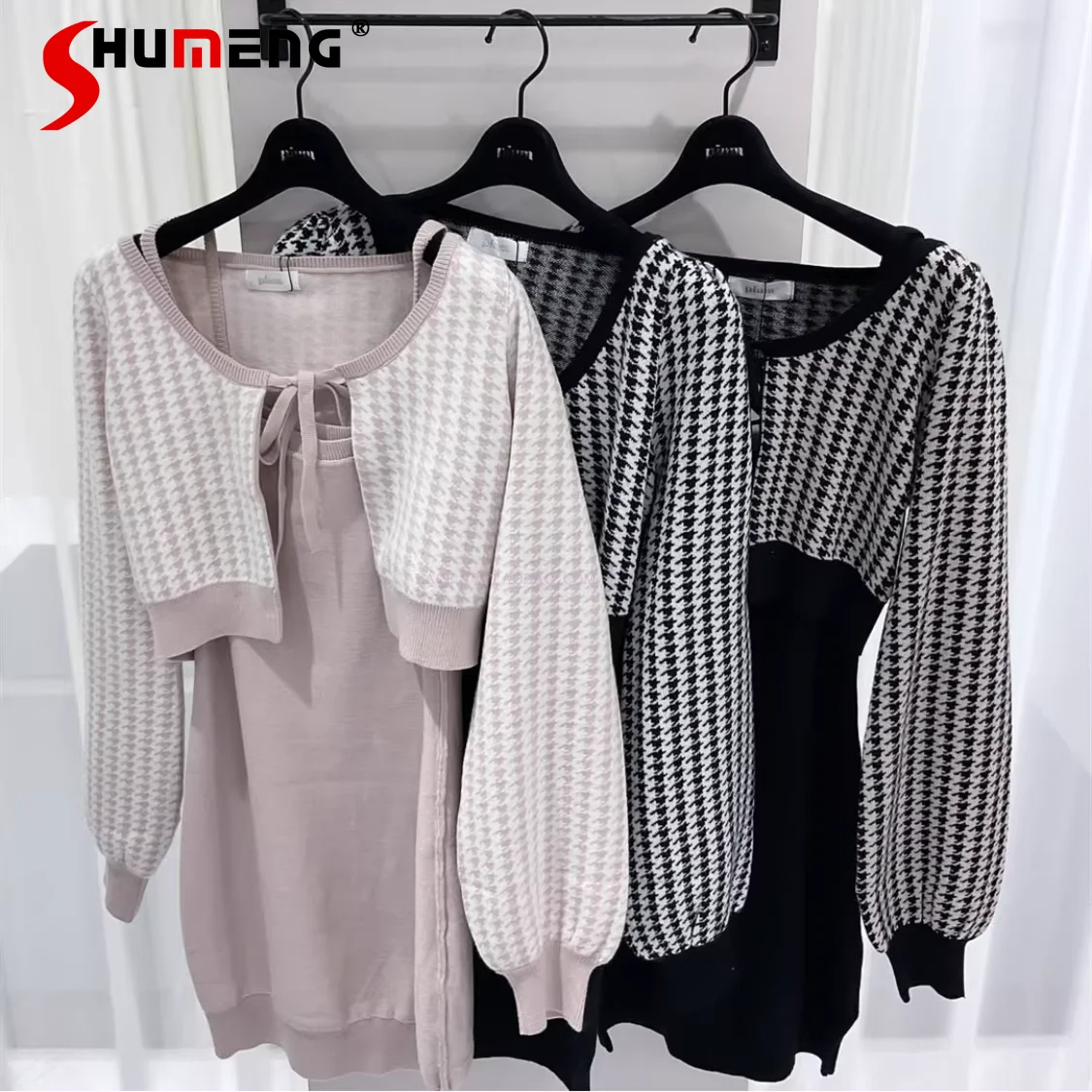 

Japanese Style Elegant Sweet Plaid Long Sleeve Lace-up Cardigan Sleeveless High Waist Slim Knitted Dress Two-Piece Set for Women