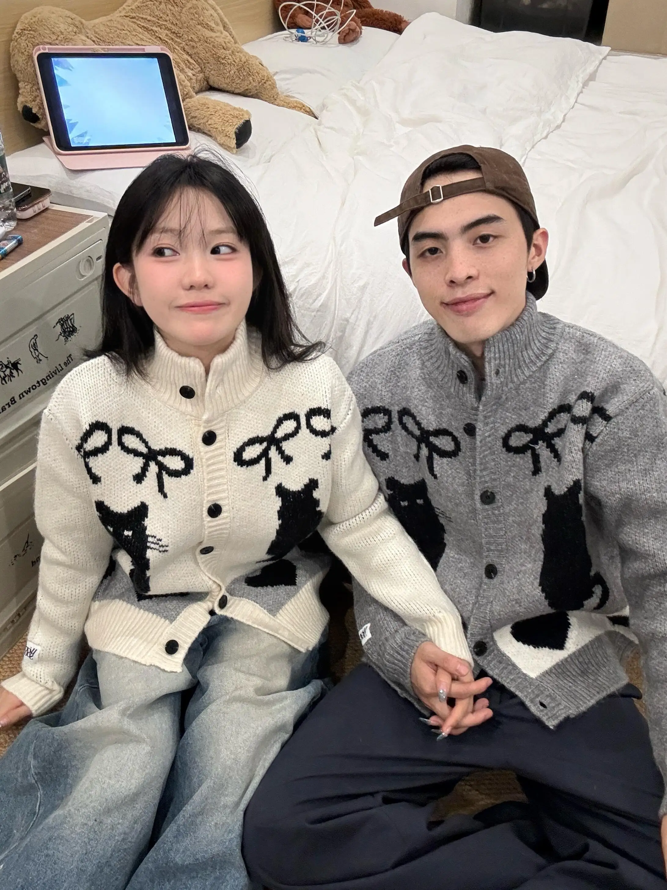 Couples Knitted Sweater Coat High Collar Men's Sle  And Dog Pattern Long Sve Woolen Open Cardigan Korean Sle Loose Fit