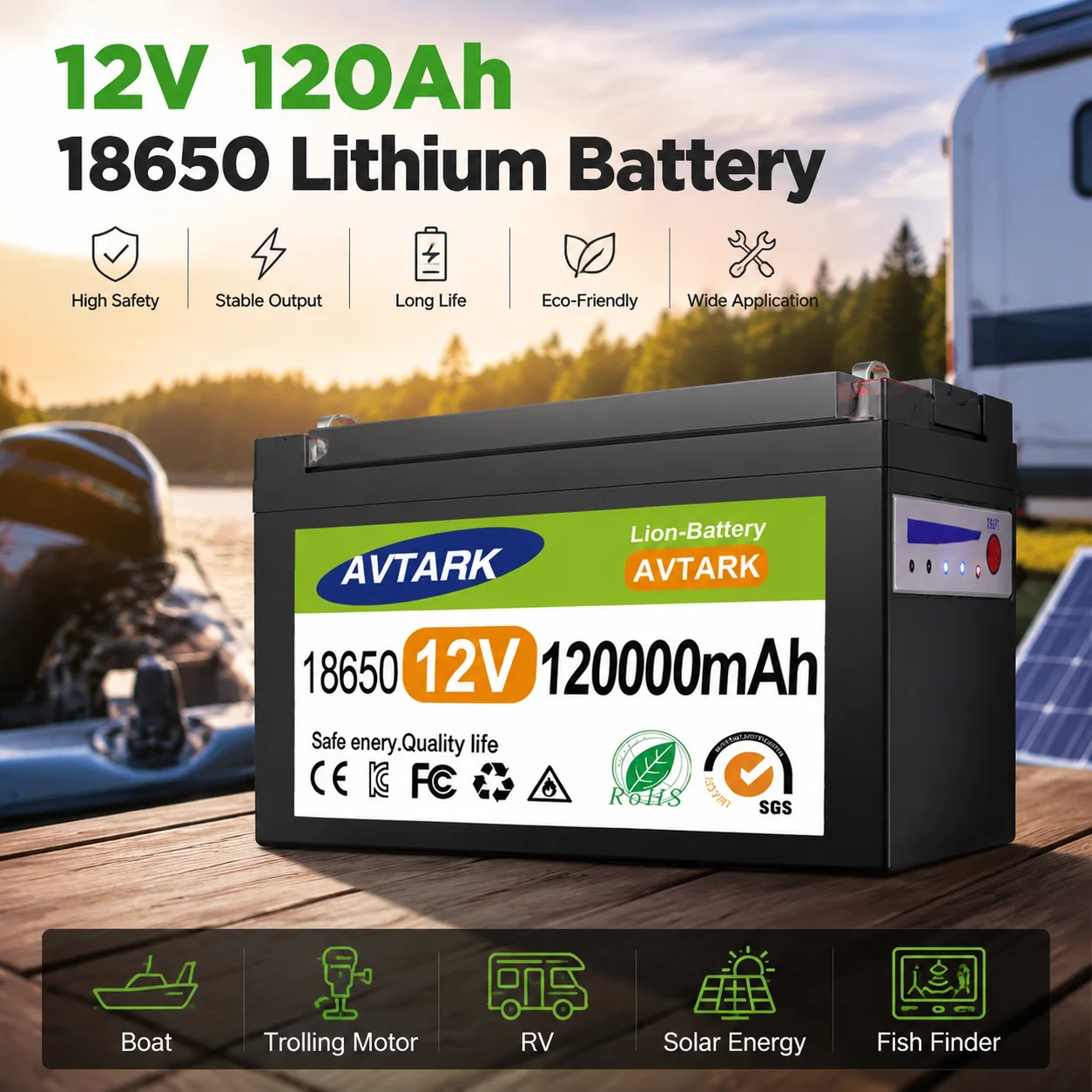Long Cycle Life 12V 120Ah Lithium Battery Built BMS For Off-Grid Solar System RV Marine Household Energy Storage