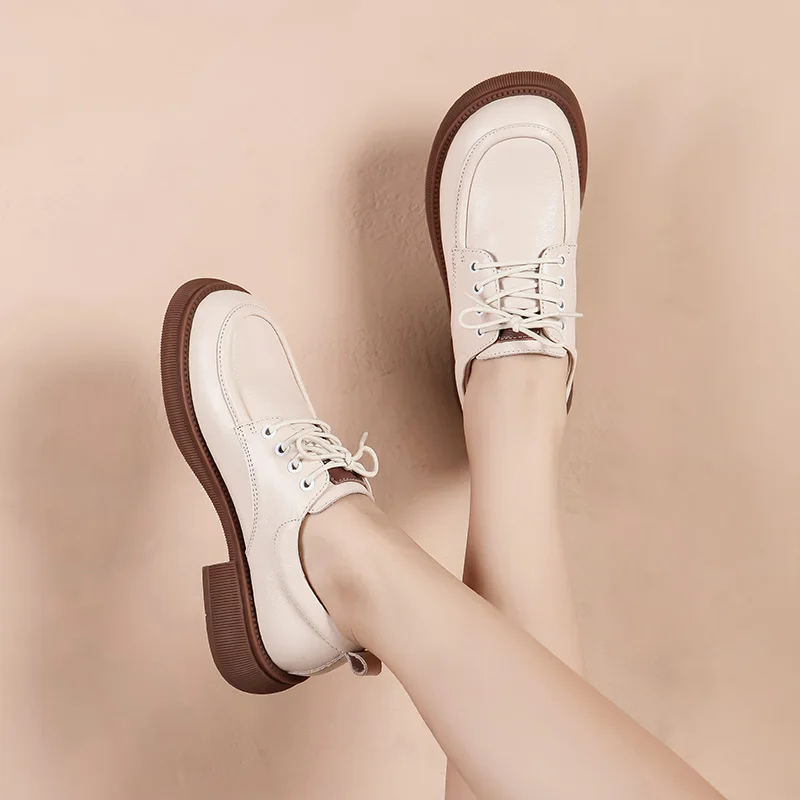 White Cowhide Shoes English Style Small Leather Shoes Women's Soft Leather Sandals Loose Brown Lacing Deep Mouth Single Soft