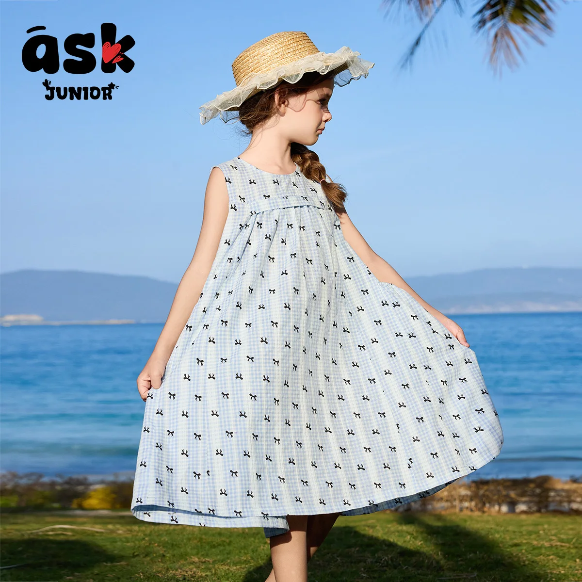 فستان بناتي صيفي بفيونكة منقوشة باللون الأزرق بطباعة متباينة #2