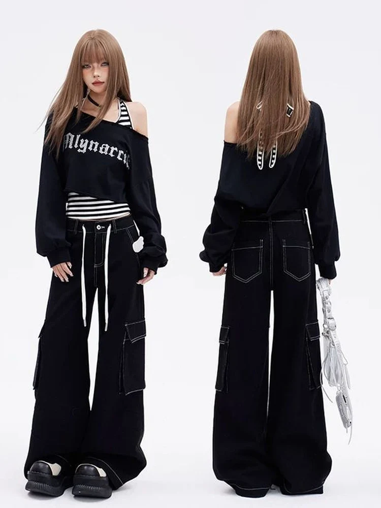Spring Summer New Style Hot Girl Black Shoulder Bared Short Sweatshirt Set Striped Strap Vest Sports Long Sleeve Top Women's ...