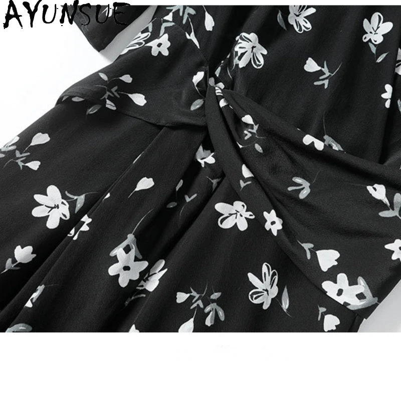 AYUNSUE-Vestidos negros De seda De morera para Mujer, ropa elegante De verano, vestido largo francés, 100%