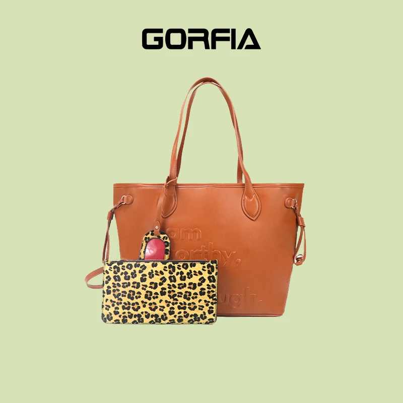 

GORFIA 2 in 1 Women's PU Leather Tote Bag Set Large Brown Embossed Handbag + Leopard Print Bag Fashionable for Daily Travel