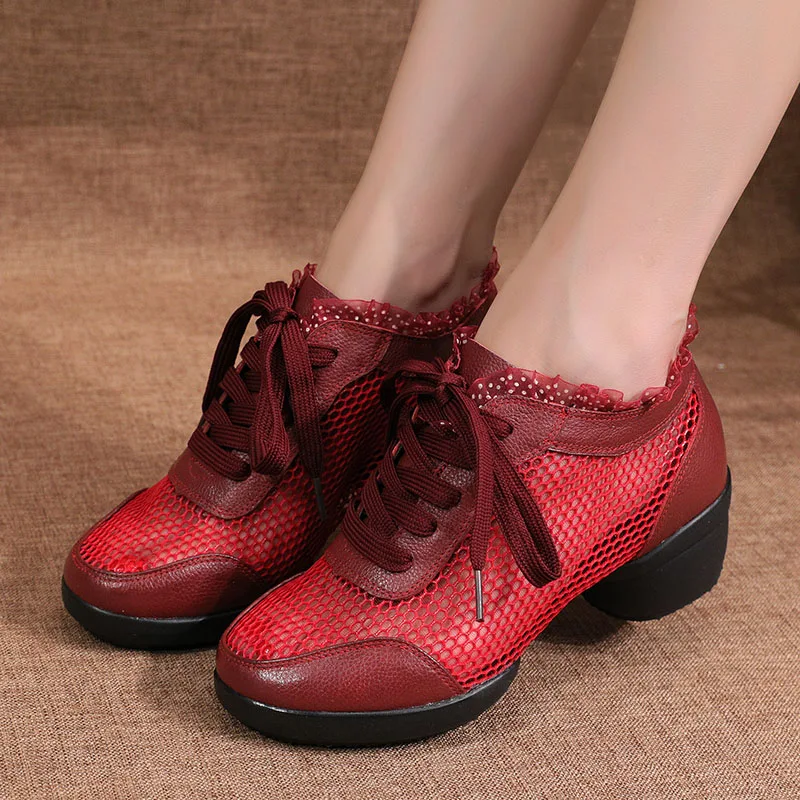 Leather Shoes Soft Bottom Sneakers Women Shoes Breathable Mesh Ballroom Dance Shoes Square Modern Sports Shoes Woman Boots 44