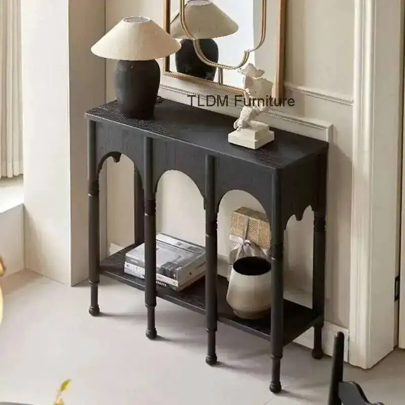 وحدة التحكم في مدخل الشمال غرفة المعيشة المنزل طاولات أثاث عالية الساق المدخل الأمريكي خزانة الرجعية تخزين الصلبة طاولة جانبية خشبية #5