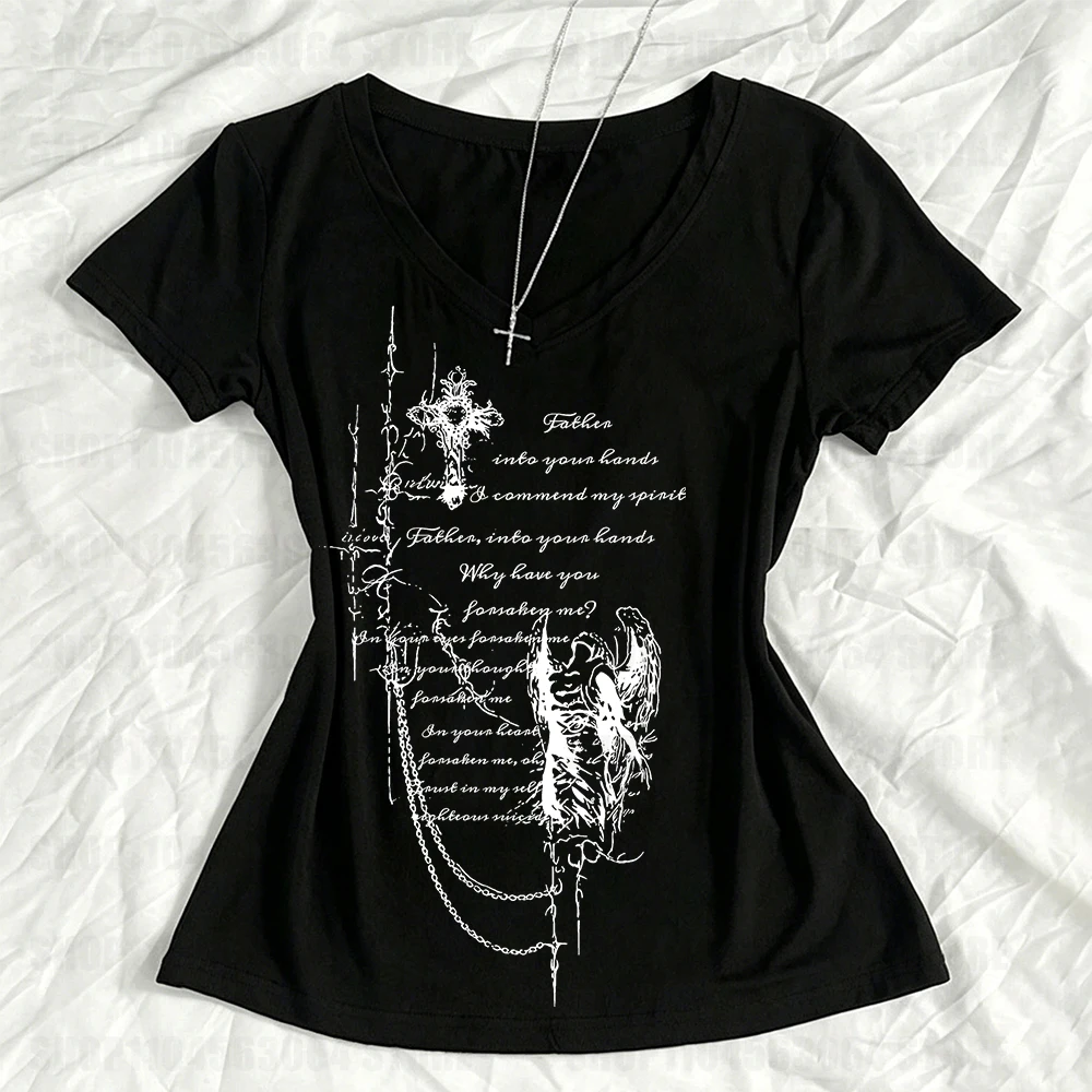 Cartoon English pattern printed fashionable T-shirt for women, fashionable punk style, versatile and suitable for seasonal comfo