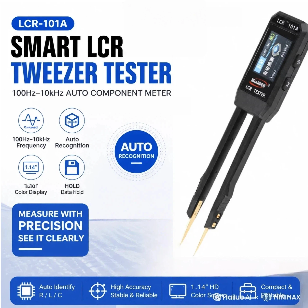 

Smart LCR Tweezer Tester 100Hz-10kHz Auto Component Meter with 1.14" Color Screen & Data Hold