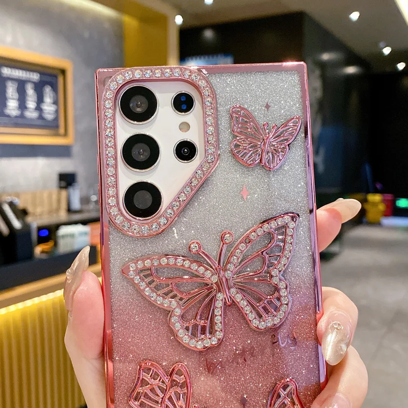 Capas de telefone borboleta brilhante para Samsung Galaxy S25 S24 Ultra S23 capa traseira de strass
