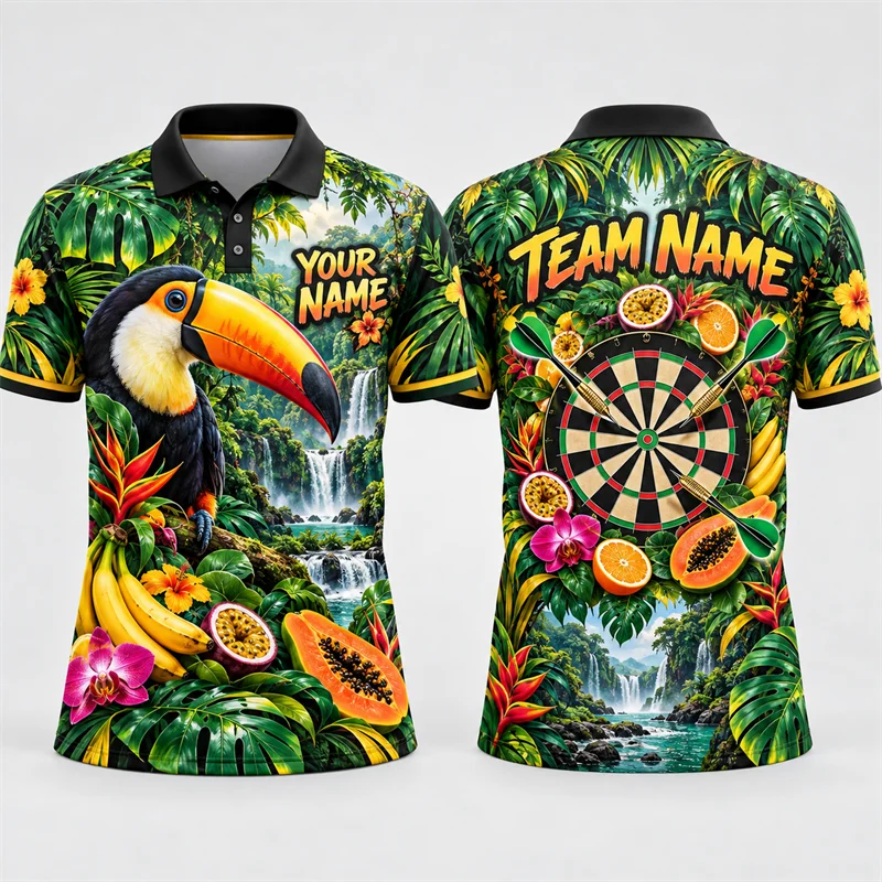 Camiseta polo de dardos personalizada para hombre, con estampado artístico de camaleón, grulla, tucán, pavo real y gato negro, de manga corta.