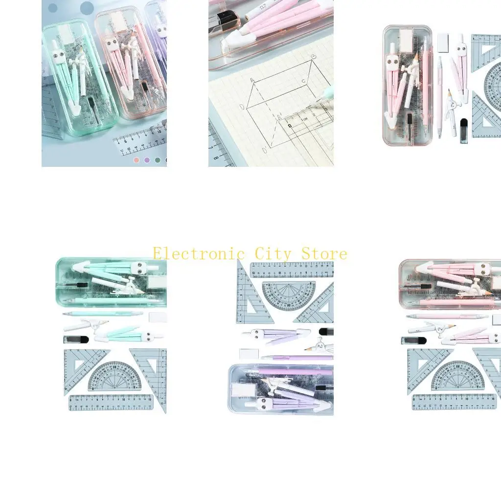 9Piece and Ruler Technical Drawing Set With Non Slip Grips Plastic Tools HU8D