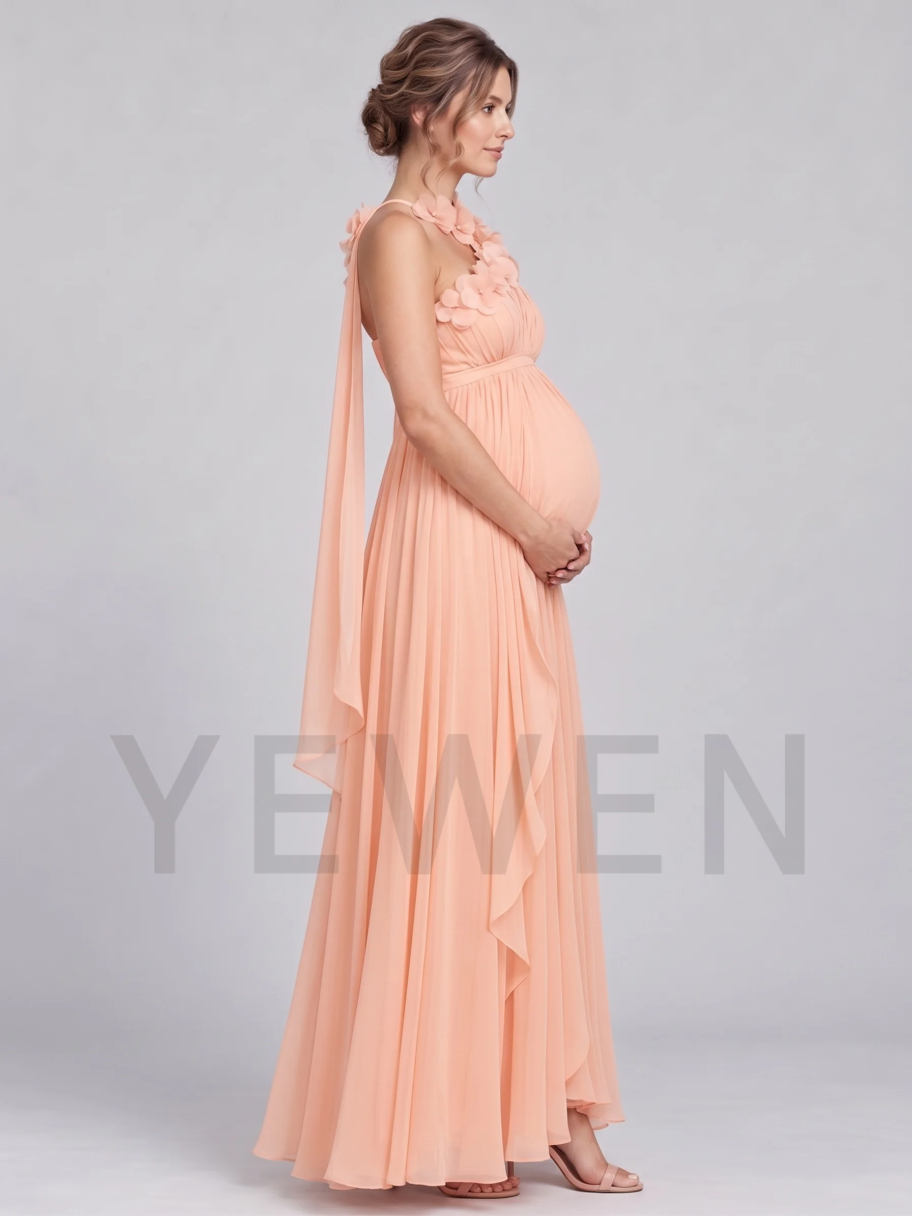 One-Shoulder Flowy Cape 3D Floral Maternity Baby Shower Dress L-26946