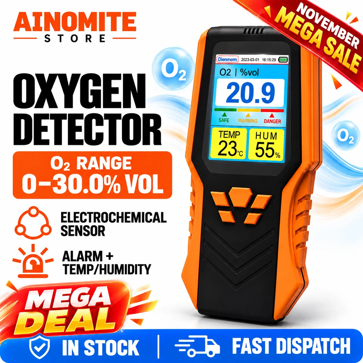 Portable Oxygen Detector 0-30% O2 Range with Audible Alarm, Handheld O2 Monitor with Temperature & Humidity, 1.5s Fast Response