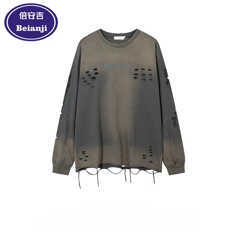 Beianji Men o-neck long sleeve destroy T-shirt male fashion vintage hiphop loose wash top small hole waste soil wind long tee