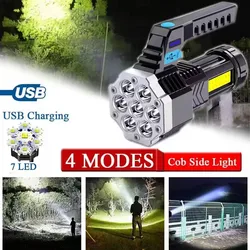 High Power 7 LED Flashlights with COB Side Lights USB Rechargeable Torch Power Display for Outdoor Camping Emergency Lamp